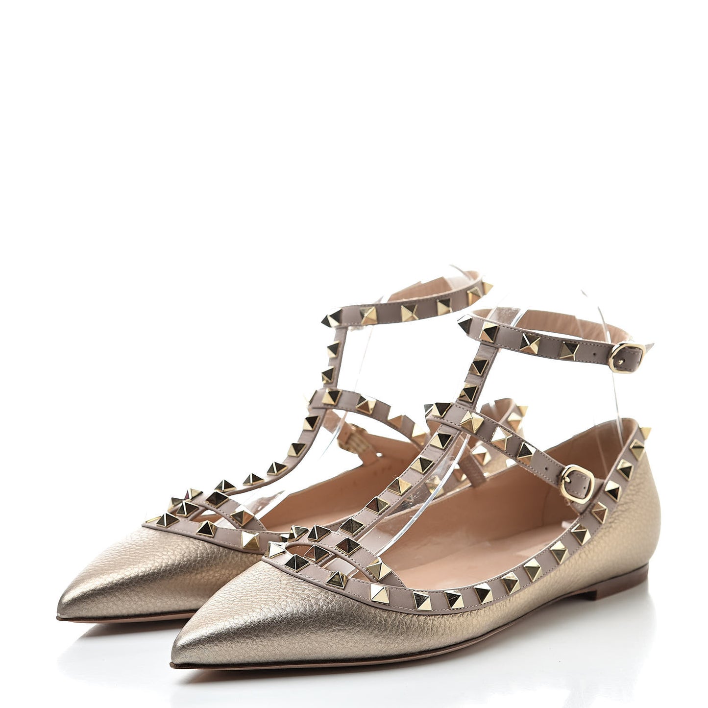 Metallic Pebbled Calfskin Rockstud Cage Ballerina Flats 39 Sasso Poudre