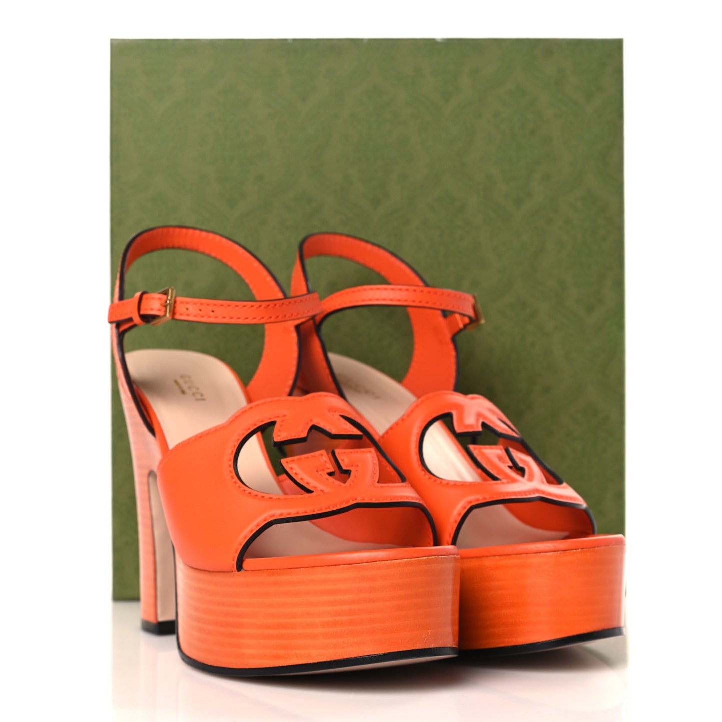 Cosmos Softy Calfskin Wooden Interlocking G Cut-Out 30/120mm Platform Sandals 40 Deep Orange