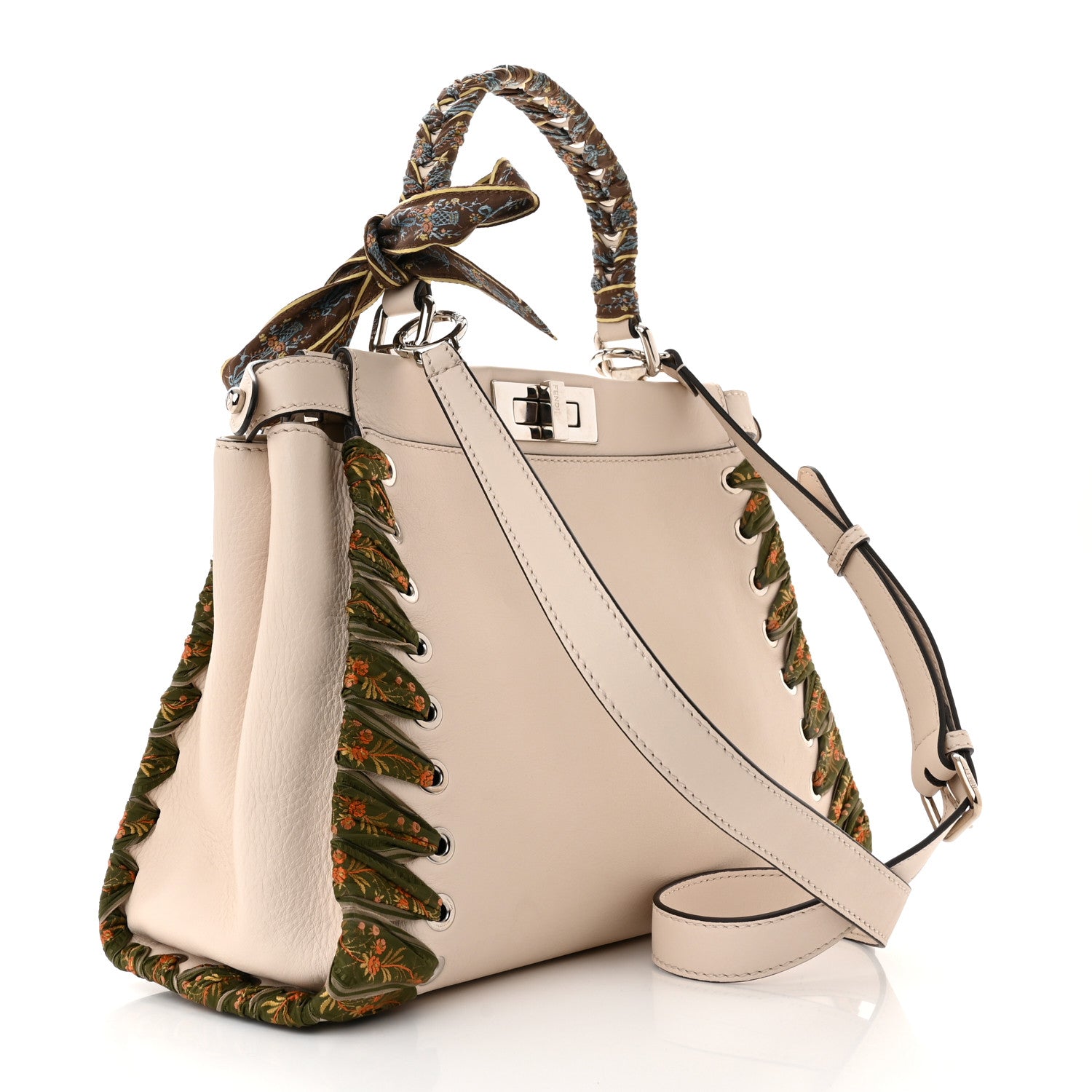 Fendi Vitello Seta Shiny Nappa Ribbon Lace Up Floral Medium Peekaboo Iconic Satchel Camelia Multicolor 3 of 10