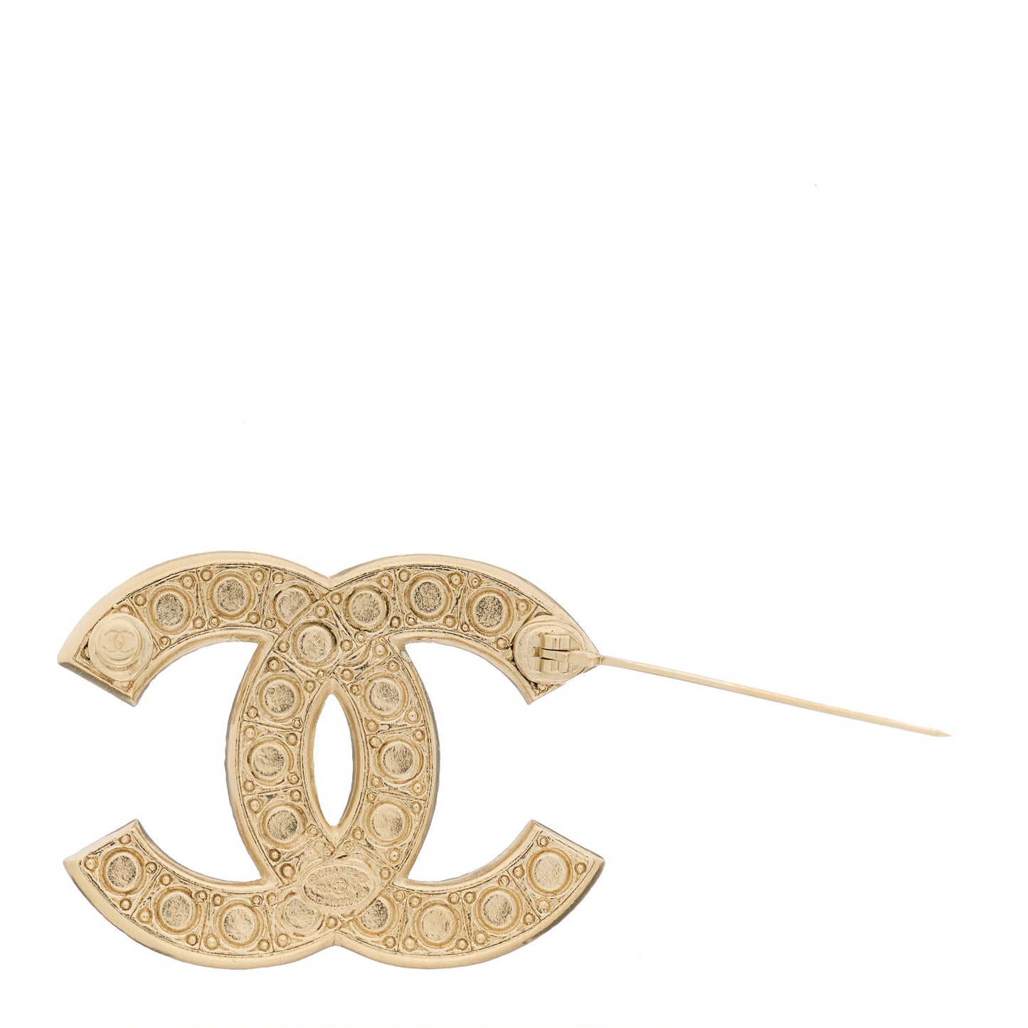 Metal Crystal Graduated Pearl CC Brooch Gold