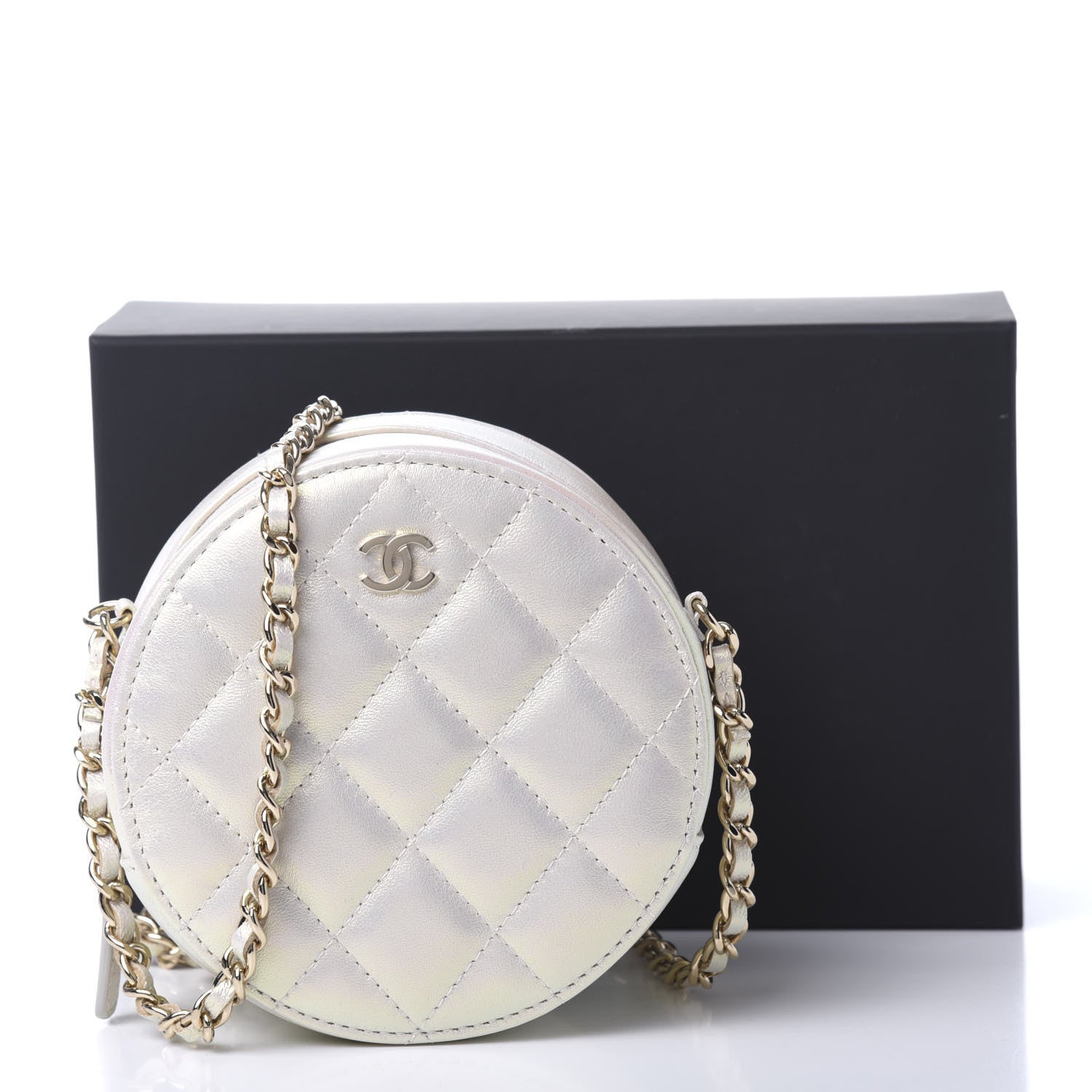 Chanel Iridescent Lambskin Quilted Round Clutch With Chain Ivory 11 of 11