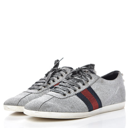 Gucci Glitter Fabric Studded Womens Web Sneakers 38.5 Silver 3 of 13