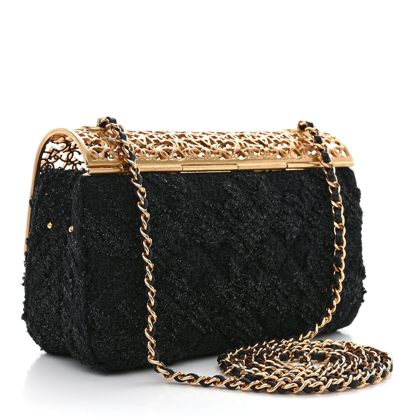 Metal Tweed Logo CC Minaudiere Flap Bag Black Gold