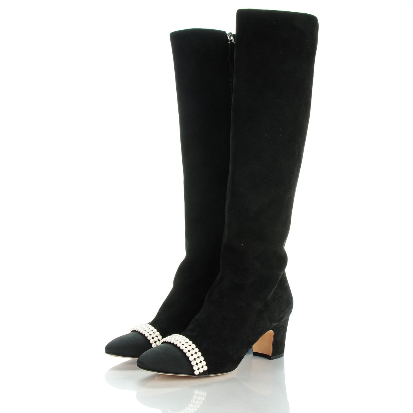 Suede Pearl Cap Toe Knee High Boots 38.5 Black