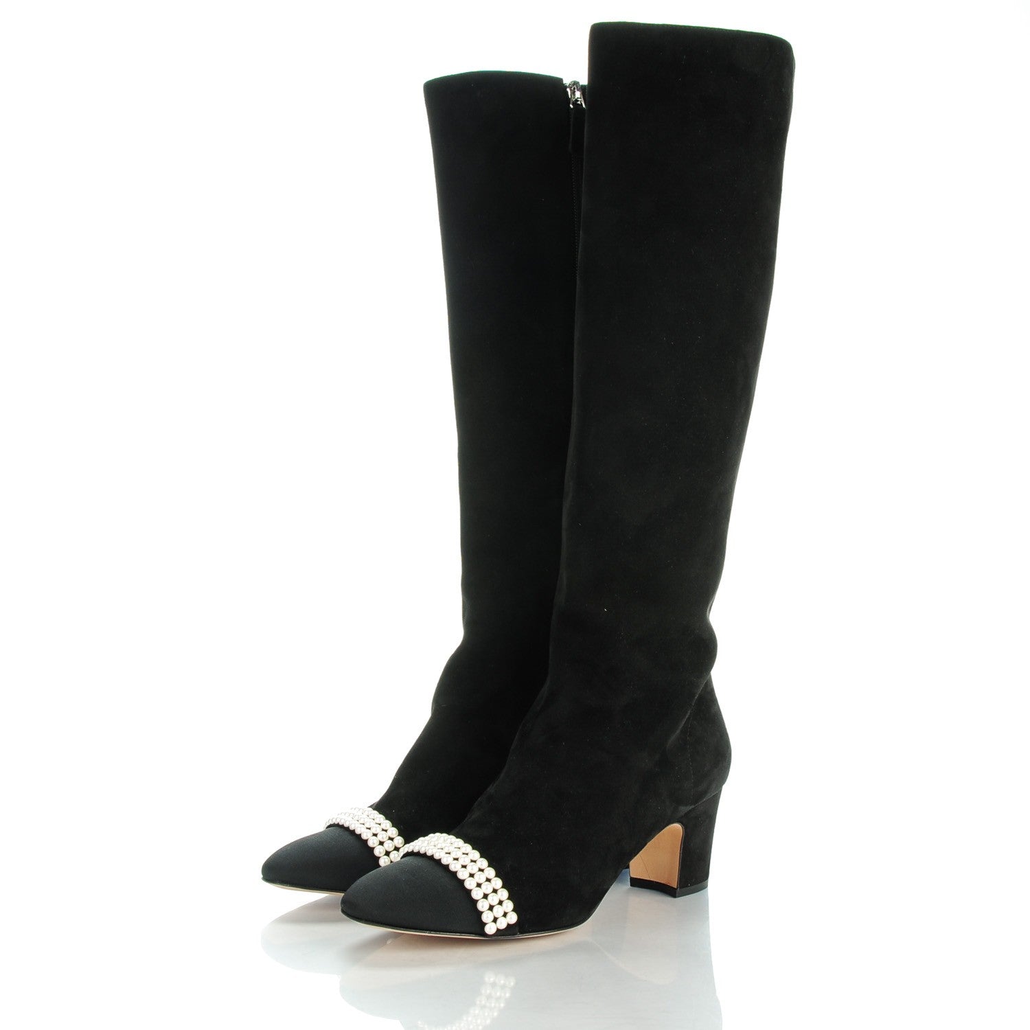Chanel Suede Pearl Cap Toe Knee High Boots 38.5 Black 3 of 8
