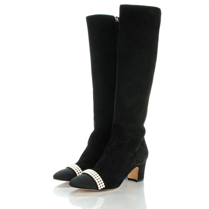 Chanel Suede Pearl Cap Toe Knee High Boots 38.5 Black 3 of 8