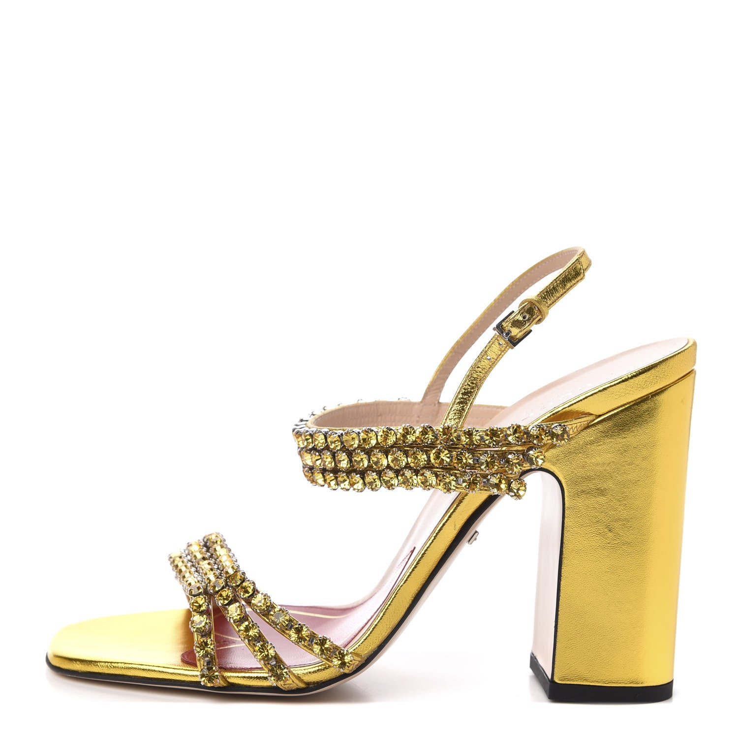 Gucci Nappa Silk Crystal Bertie High Heel Sandals 39 Gold 1 of 7