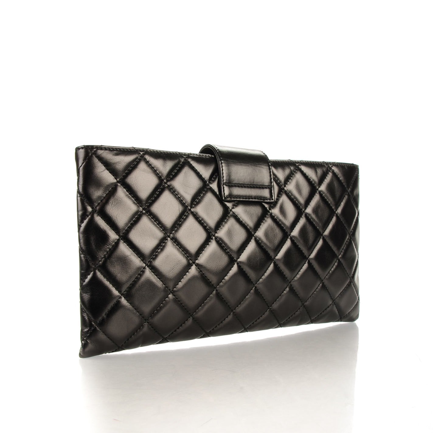 Glazed Calfskin Quilted Coco Pleats Clutch Black