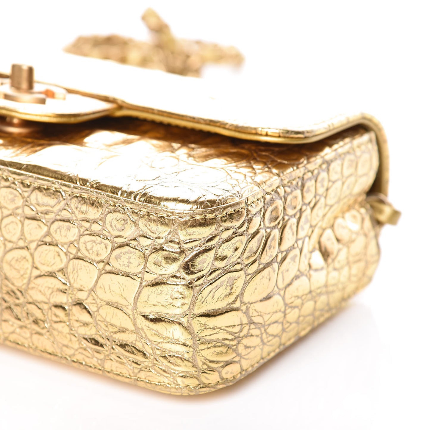 Metallic Calfskin Crocodile Embossed Cocodile Rectangular Mini Flap Gold
