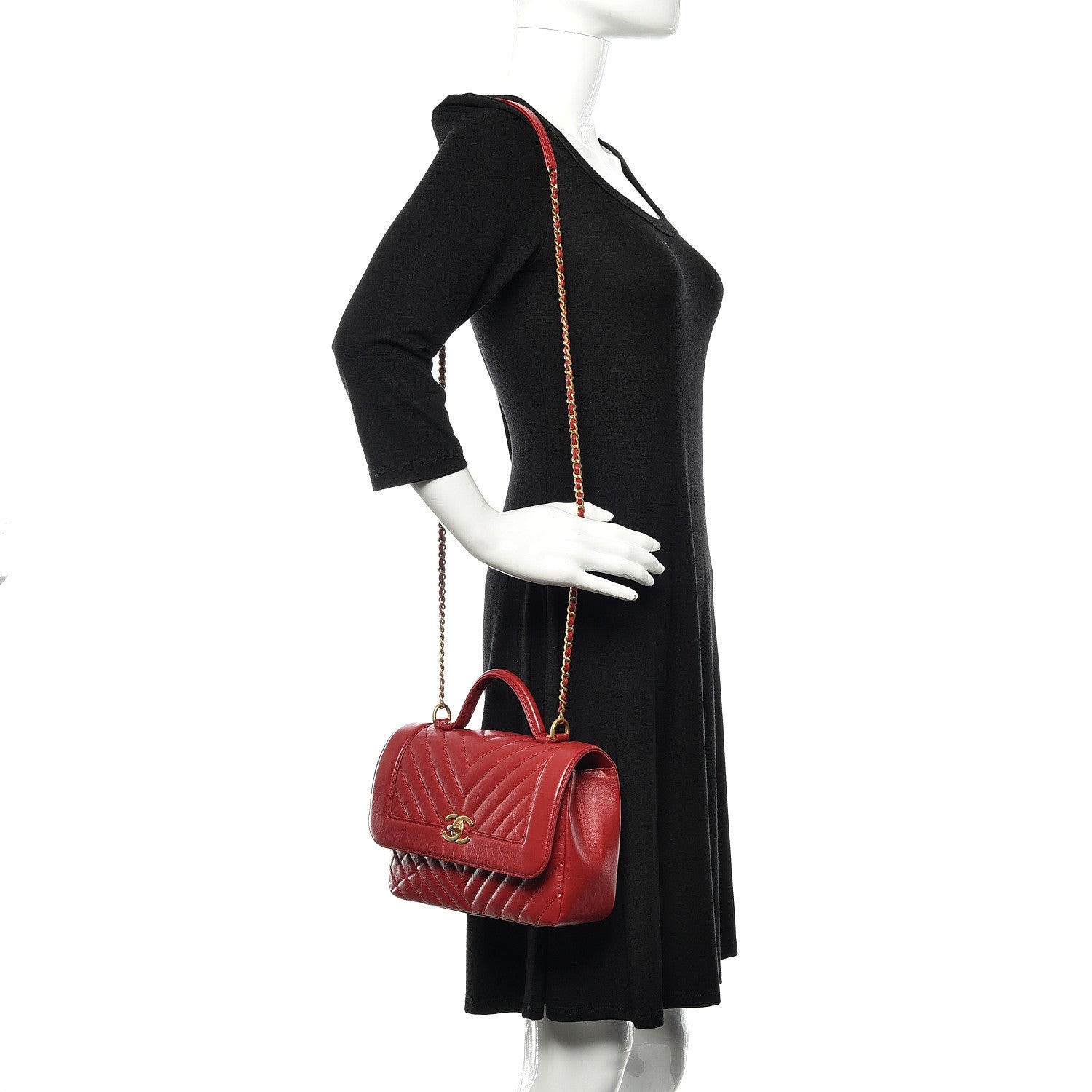 Chanel Calfskin Chevron Quilted Top Handle Flap Red 2 of 10