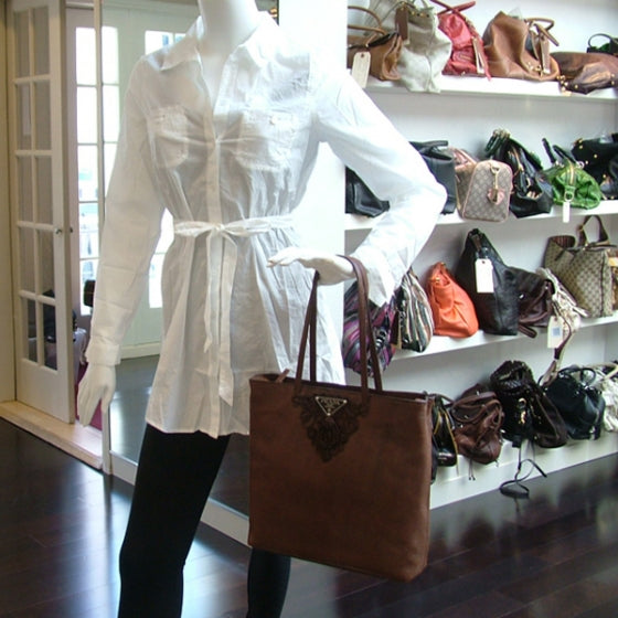 Leather N/S Tote Shoulder Bag Purse Brown