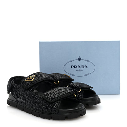 Prada Raffia Metal Triangle Logo Crochet Cage Sandals 39 Black 8 of 8