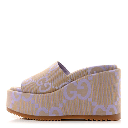 Gucci Monogram Jumbo GG Platform Slide Wedge Sandals 37.5 Beige Lapis 1 of 8