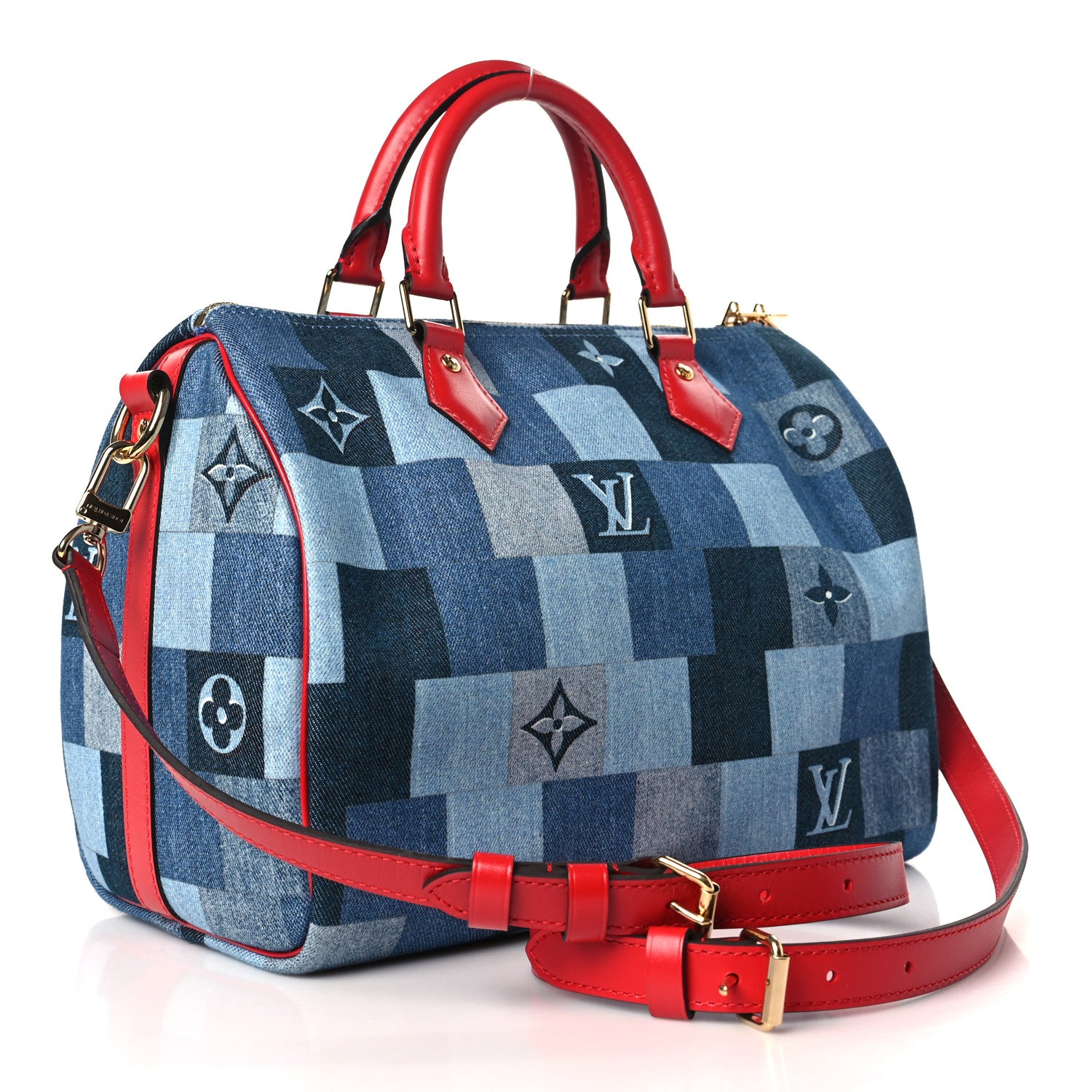 Louis Vuitton Denim Damier Monogram Patchwork Speedy Bandouliere 30 Blue Rouge 3 of 9