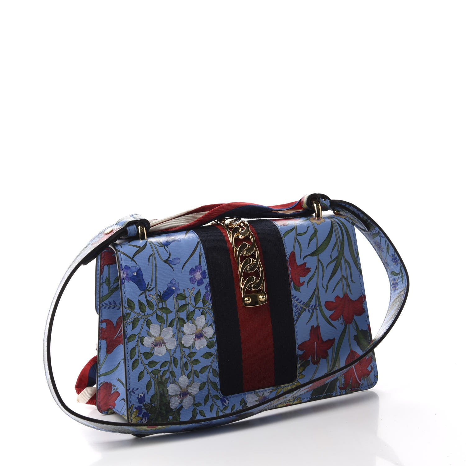 Gucci Shangai Calfskin Web New Flora Small Sylvie Shoulder Bag Azure 3 of 10