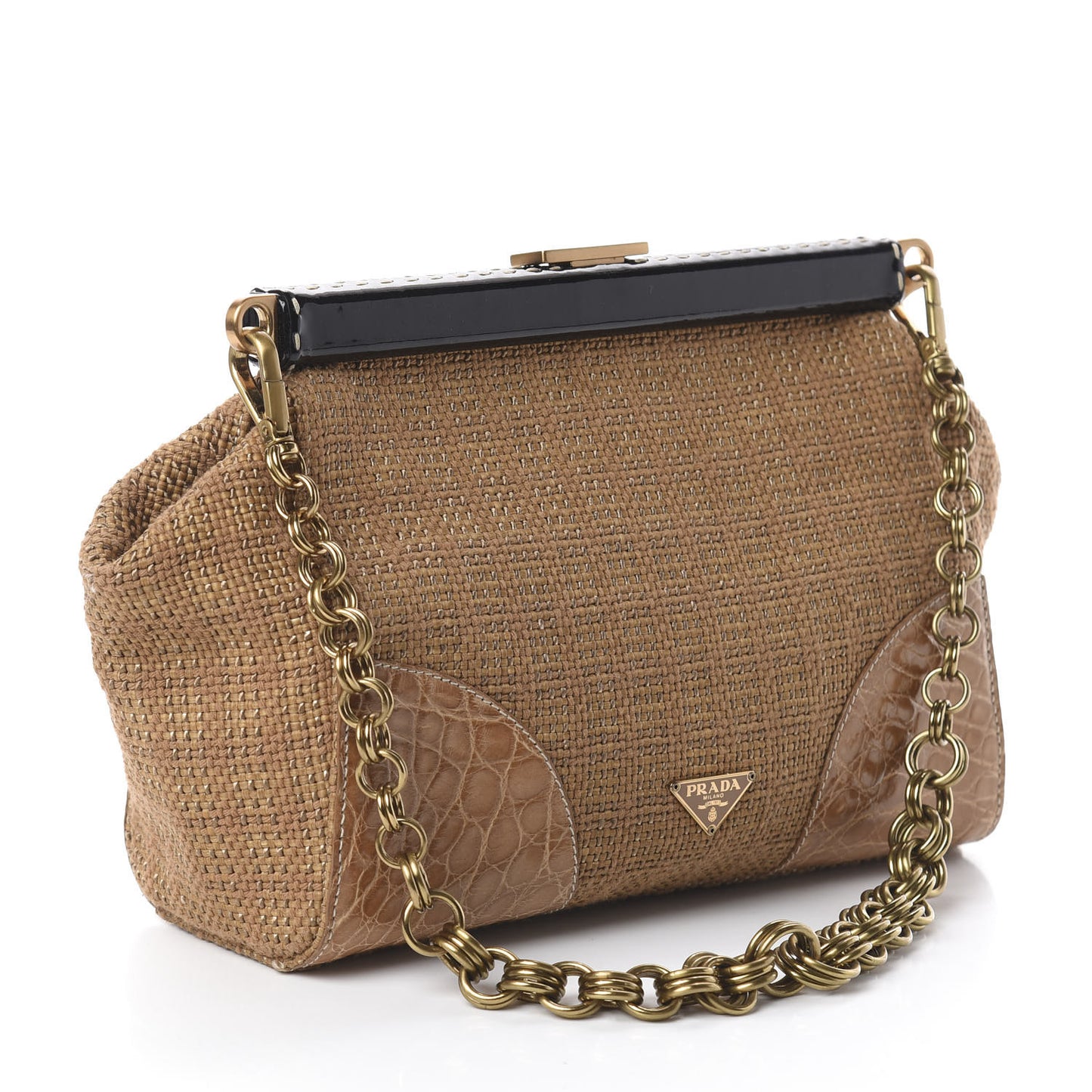 Straw Crocodile Woven Semitracolla Frame Bag Tabacco Naturale