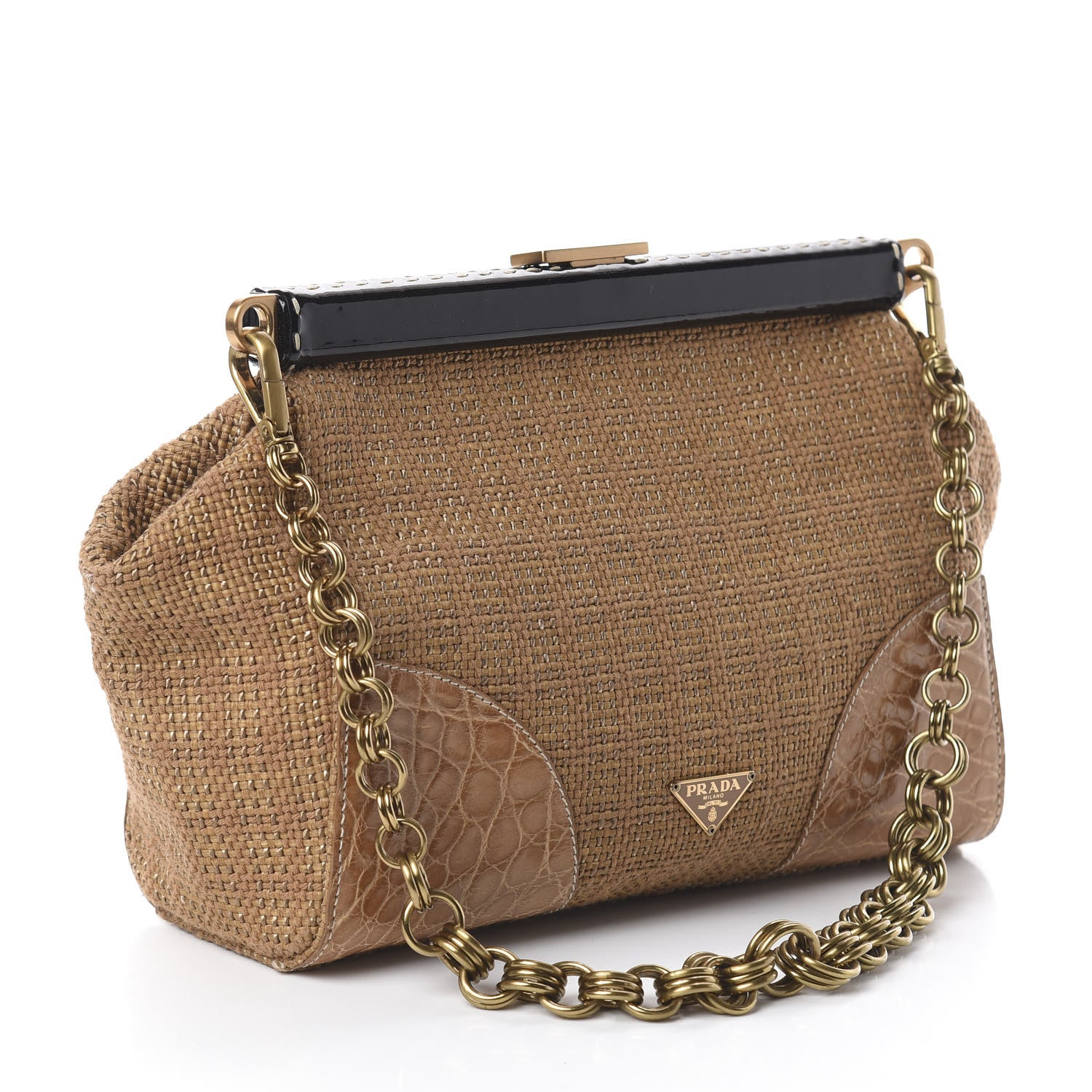 Prada Straw Crocodile Woven Semitracolla Frame Bag Tabacco Naturale 2 of 8