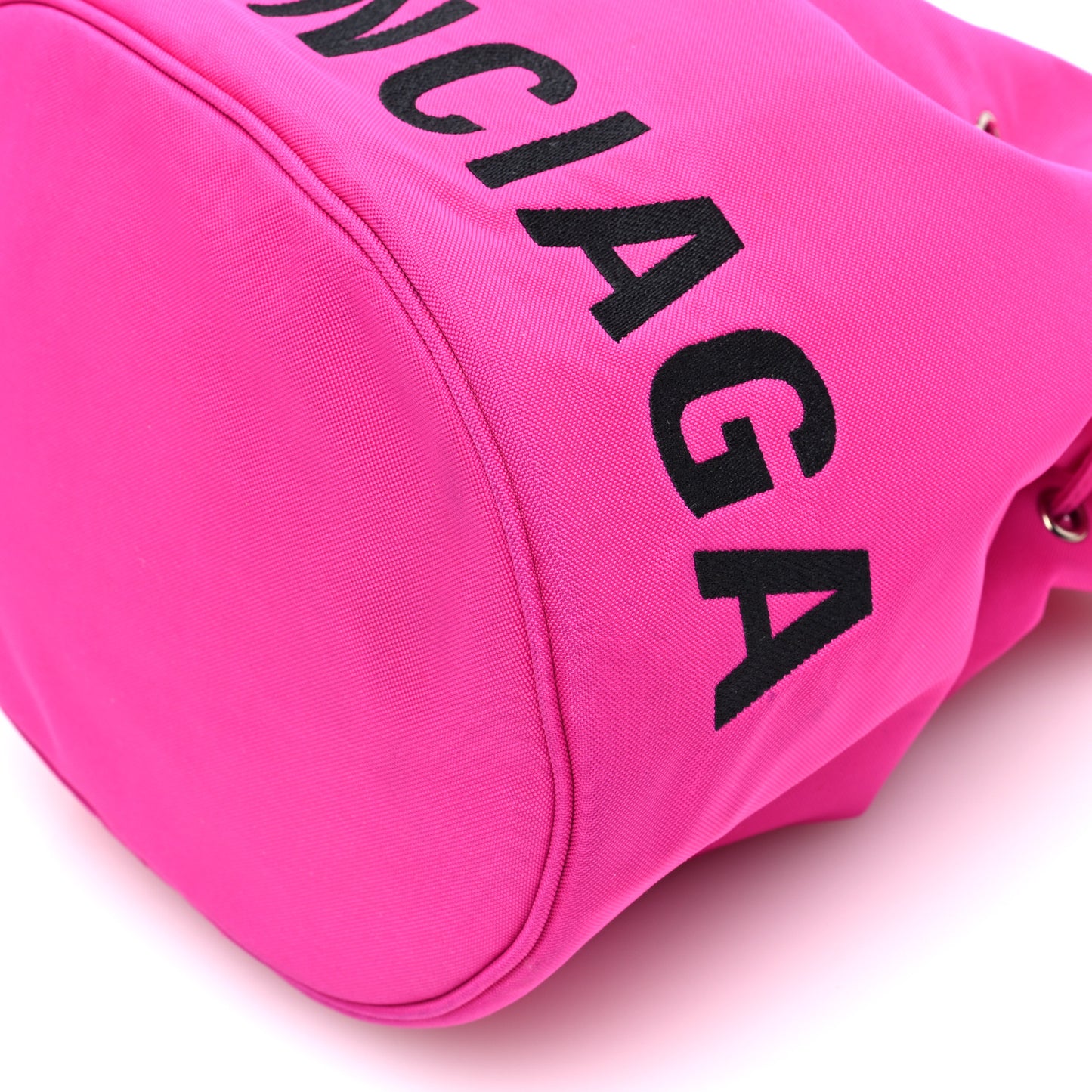 Recycled Sport Nylon Logo Embroidered Small Wheel Drawstring Bucket Bag Fluo Pink Black