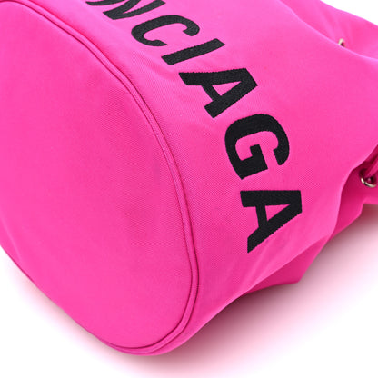Balenciaga Recycled Sport Nylon Logo Embroidered Small Wheel Drawstring Bucket Bag Fluo Pink Black 10 of 10