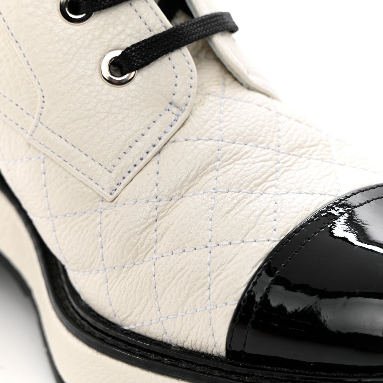 Chanel Pearly Calfskin Patent Calfskin Quilted Lace Up Boots 38.5 White Light Gray Black 9 of 18