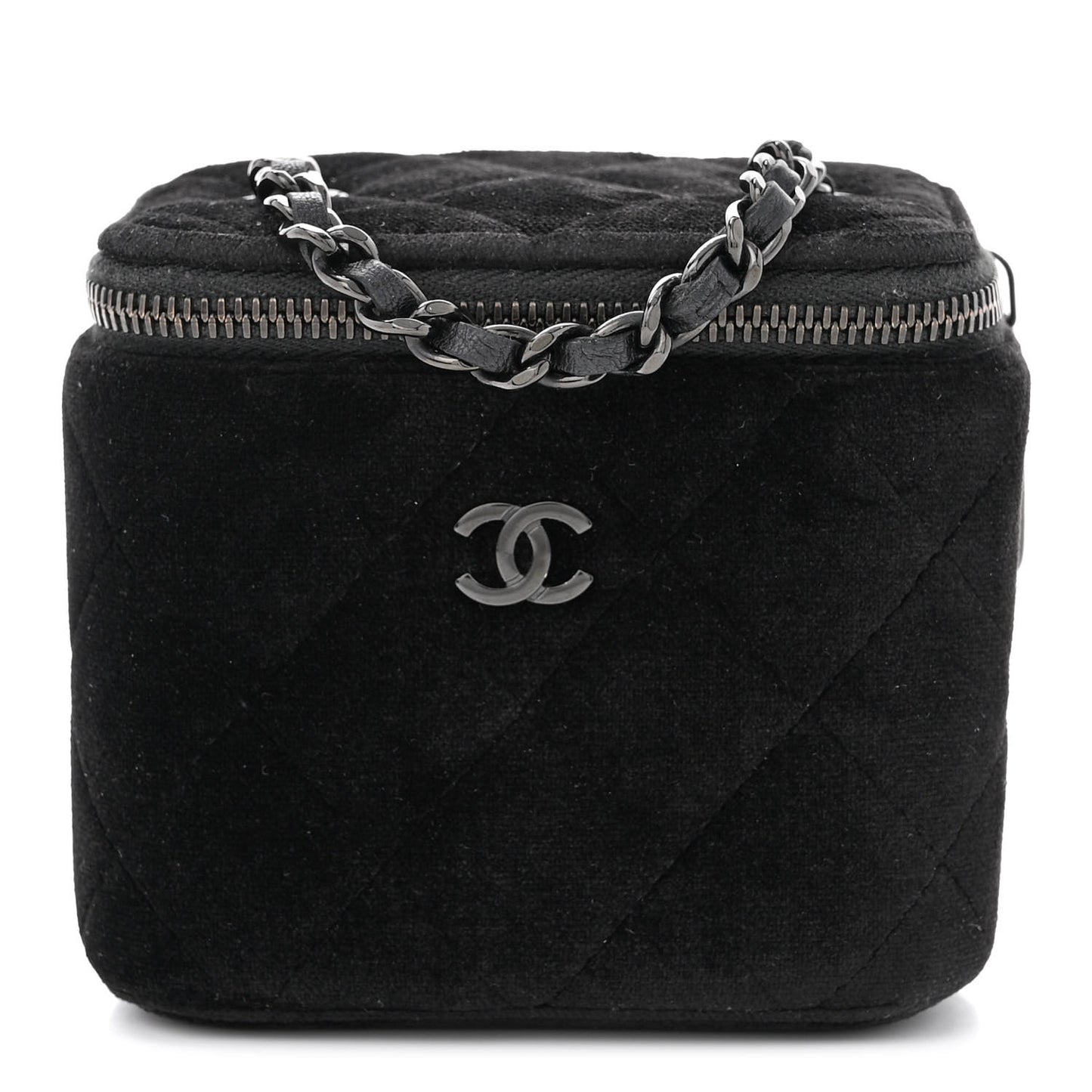 Velvet Quilted Mini Vanity Case With Chain Black