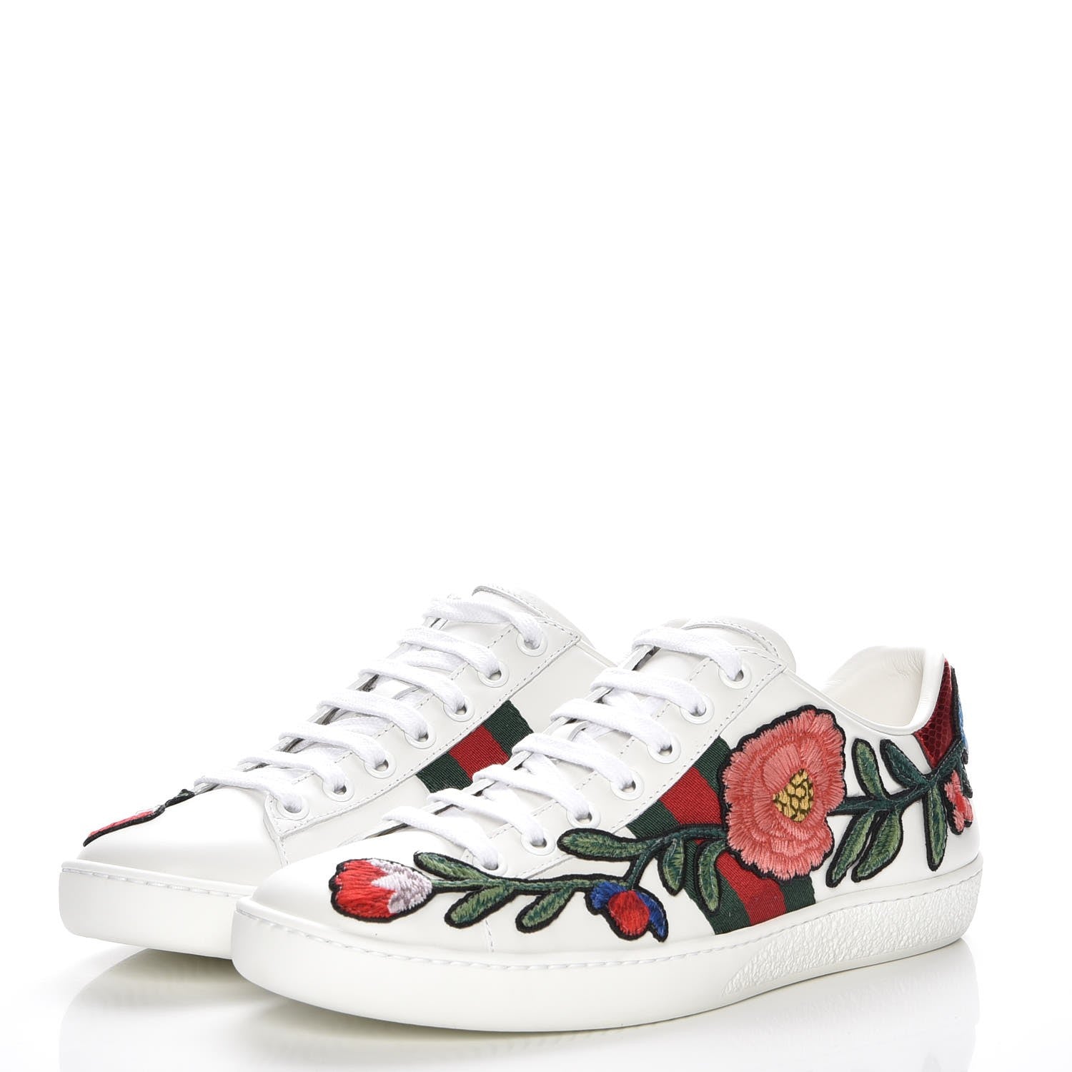 Gucci Calfskin Web Floral Embroidered Ace Sneakers 35.5 White 3 of 9