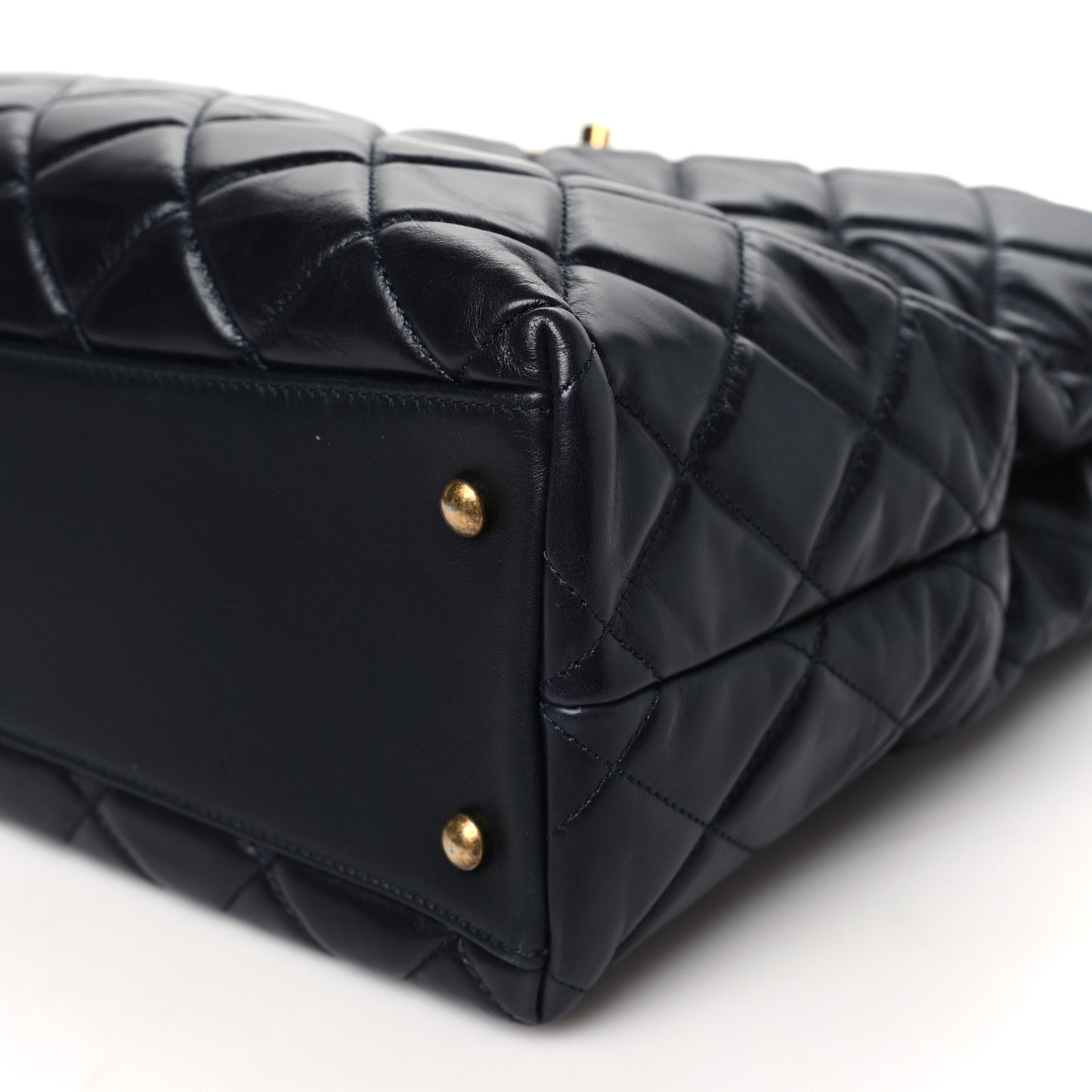Calfskin Quilted Large Gold Bar Top Handle Tote Dark Navy Blue