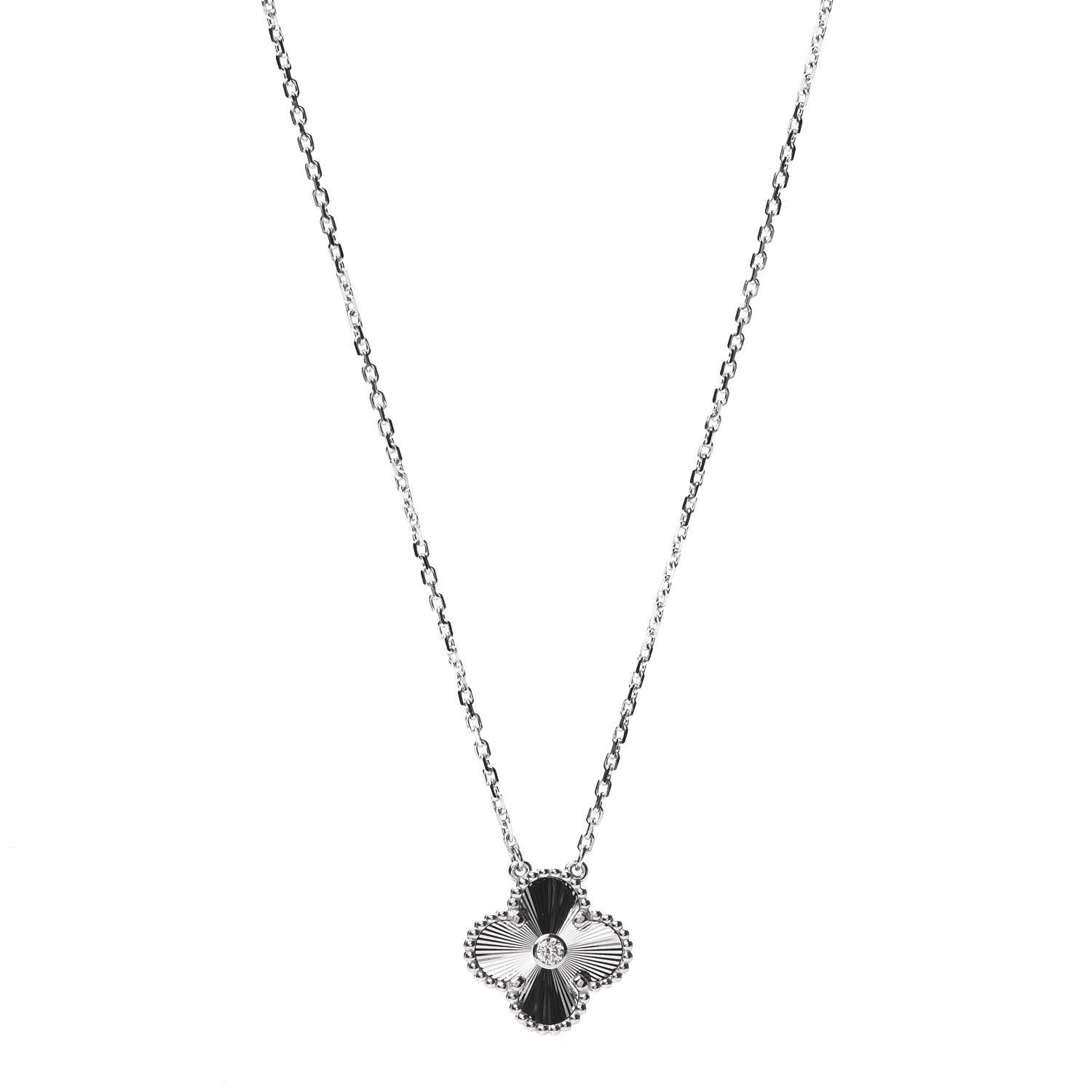 Van Cleef & Arpels 18K White Gold Diamond Guilloche Vintage Alhambra Pendant Necklace 1 of 8