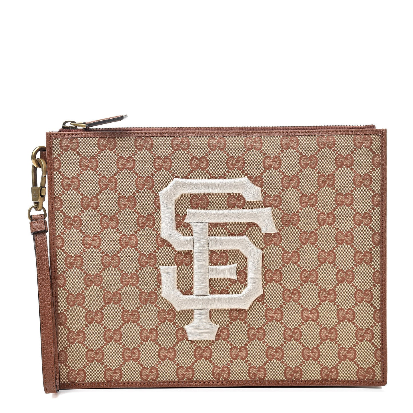 X MLB GG Monogram SF Giants Zip Wristlet Pouch Beige Ruggine Ivory