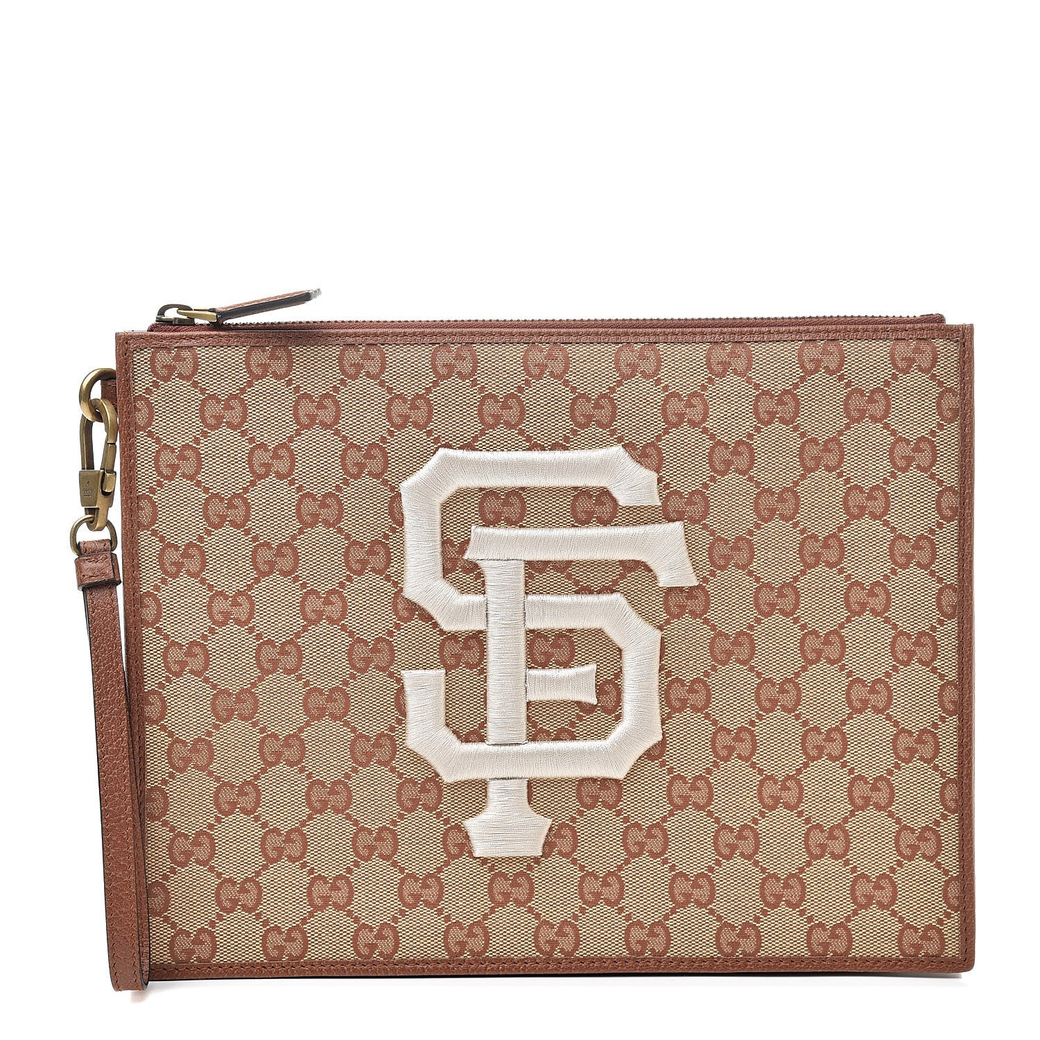 Gucci X MLB GG Monogram SF Giants Zip Wristlet Pouch Beige Ruggine Ivory 1 of 7