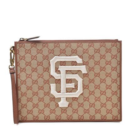 Gucci X MLB GG Monogram SF Giants Zip Wristlet Pouch Beige Ruggine Ivory 1 of 7