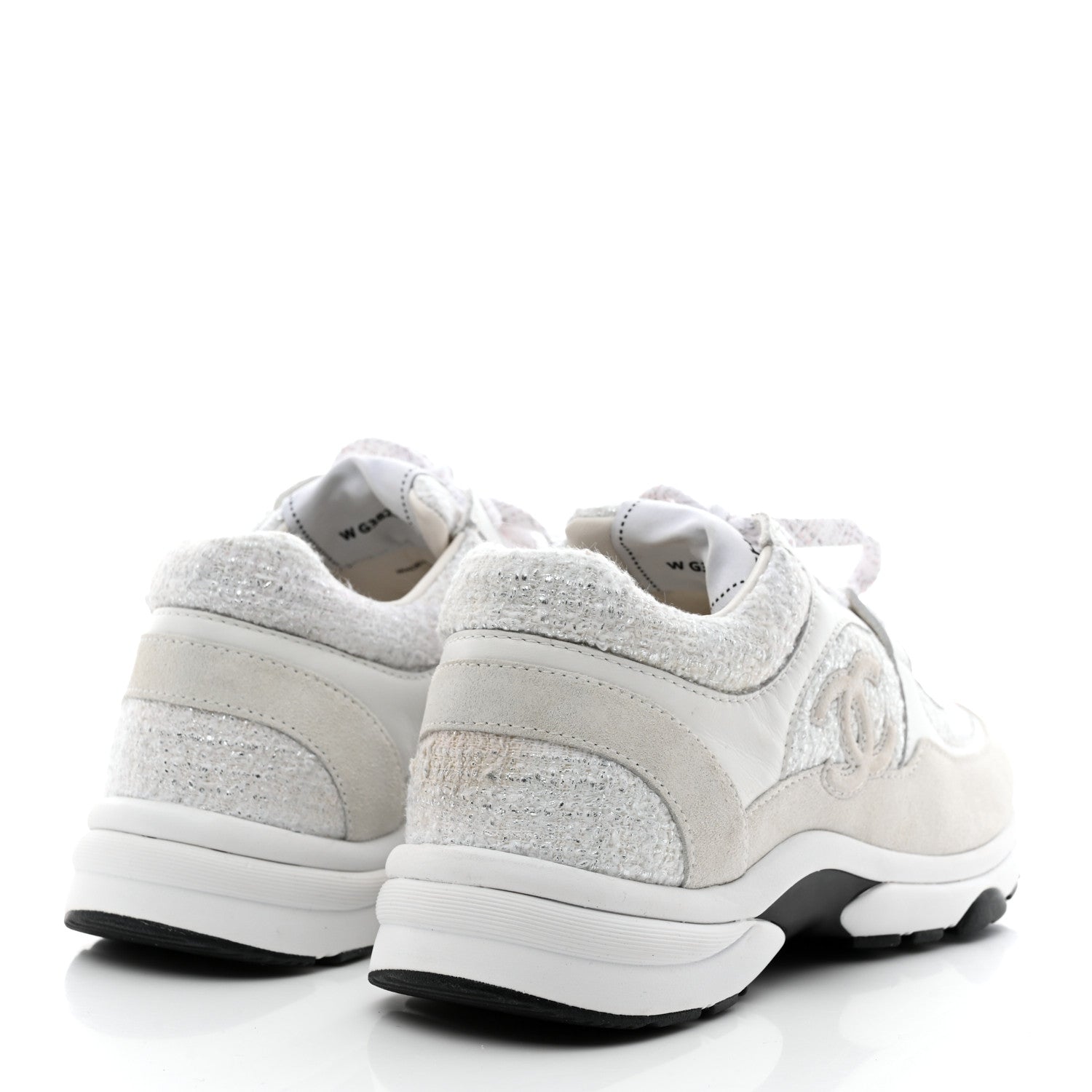 Chanel Painted Iridescent Cotton Tweed Suede Womens CC Sneakers 37 White Silver Multicolor 4 of 11