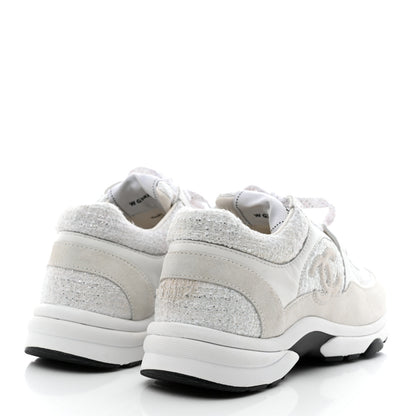 Chanel Painted Iridescent Cotton Tweed Suede Womens CC Sneakers 37 White Silver Multicolor 4 of 11