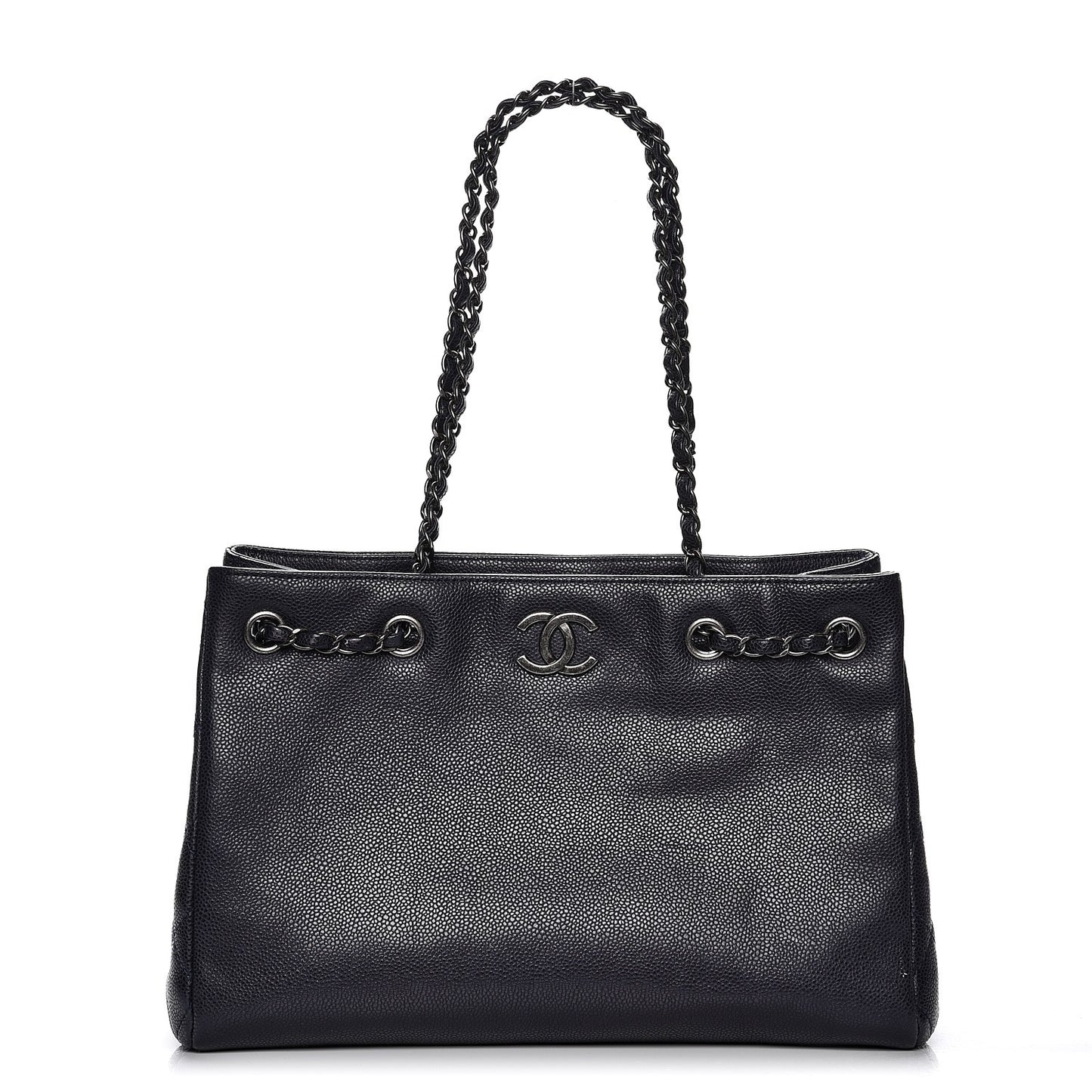 Metallic Grained Calfskin Woven Chain Medium Shopping Tote Dark Navy