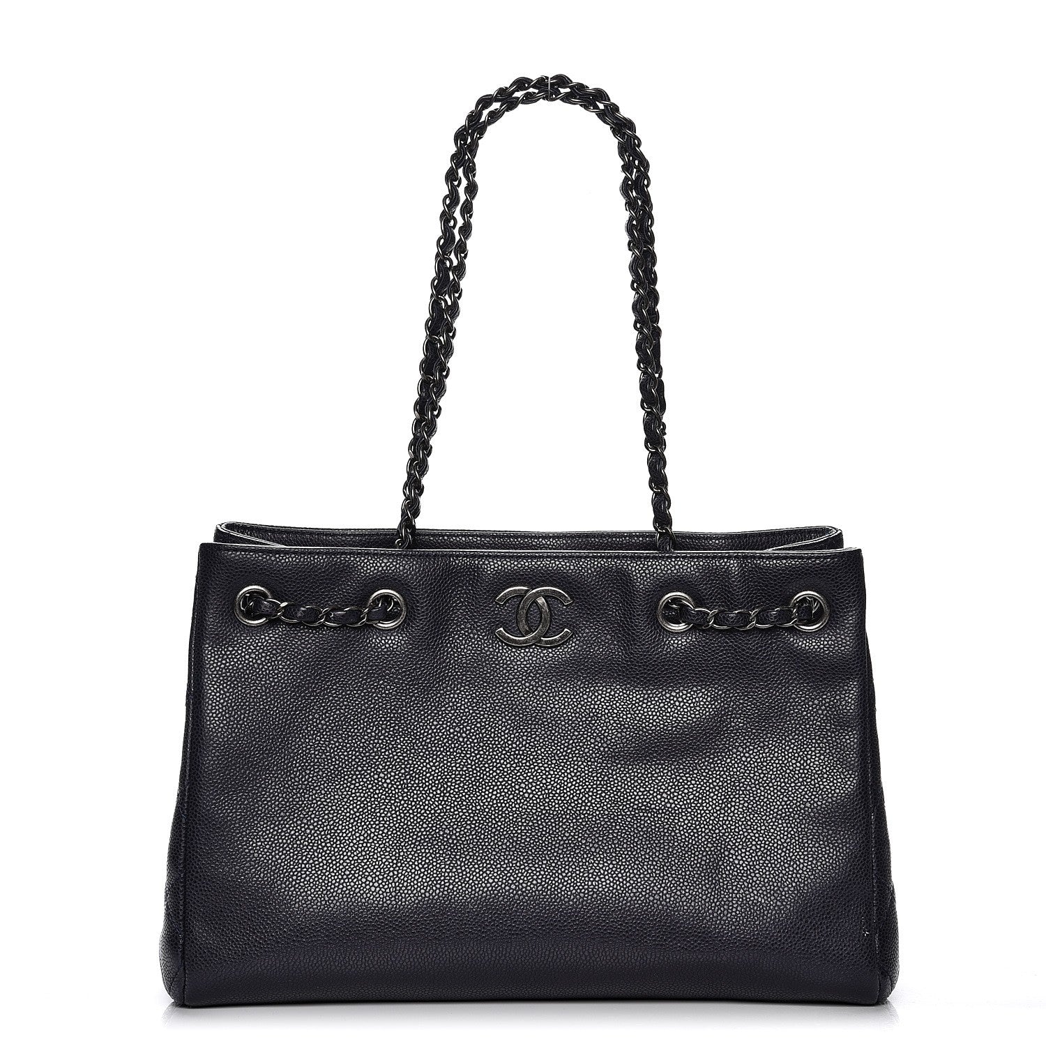 Chanel Metallic Grained Calfskin Woven Chain Medium Shopping Tote Dark Navy 1 of 9
