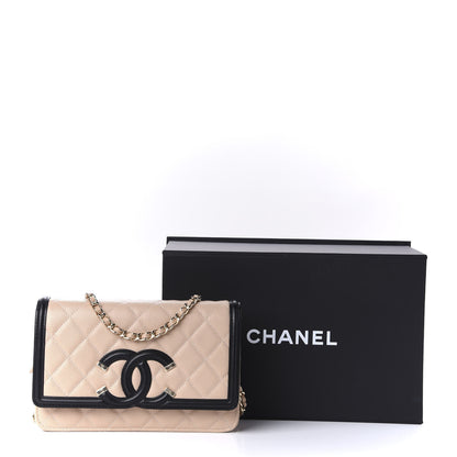 Chanel Caviar Quilted CC Filigree Wallet On Chain WOC Beige Black 12 of 12