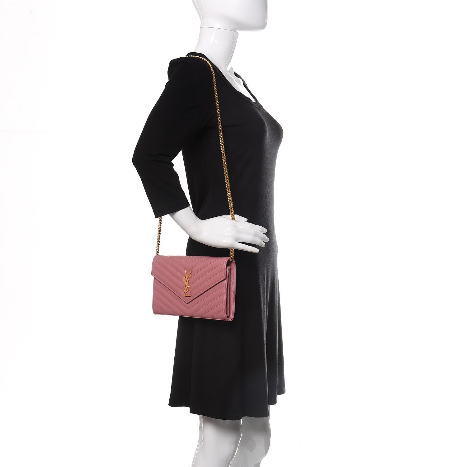 Saint Laurent Grain De Poudre Matelasse Chevron Monogram Chain Wallet Tender Pink 2 of 11