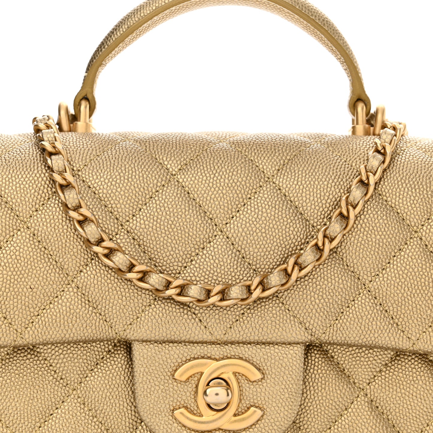 Metallic Caviar Quilted Mini Top Handle Rectangular Flap Gold