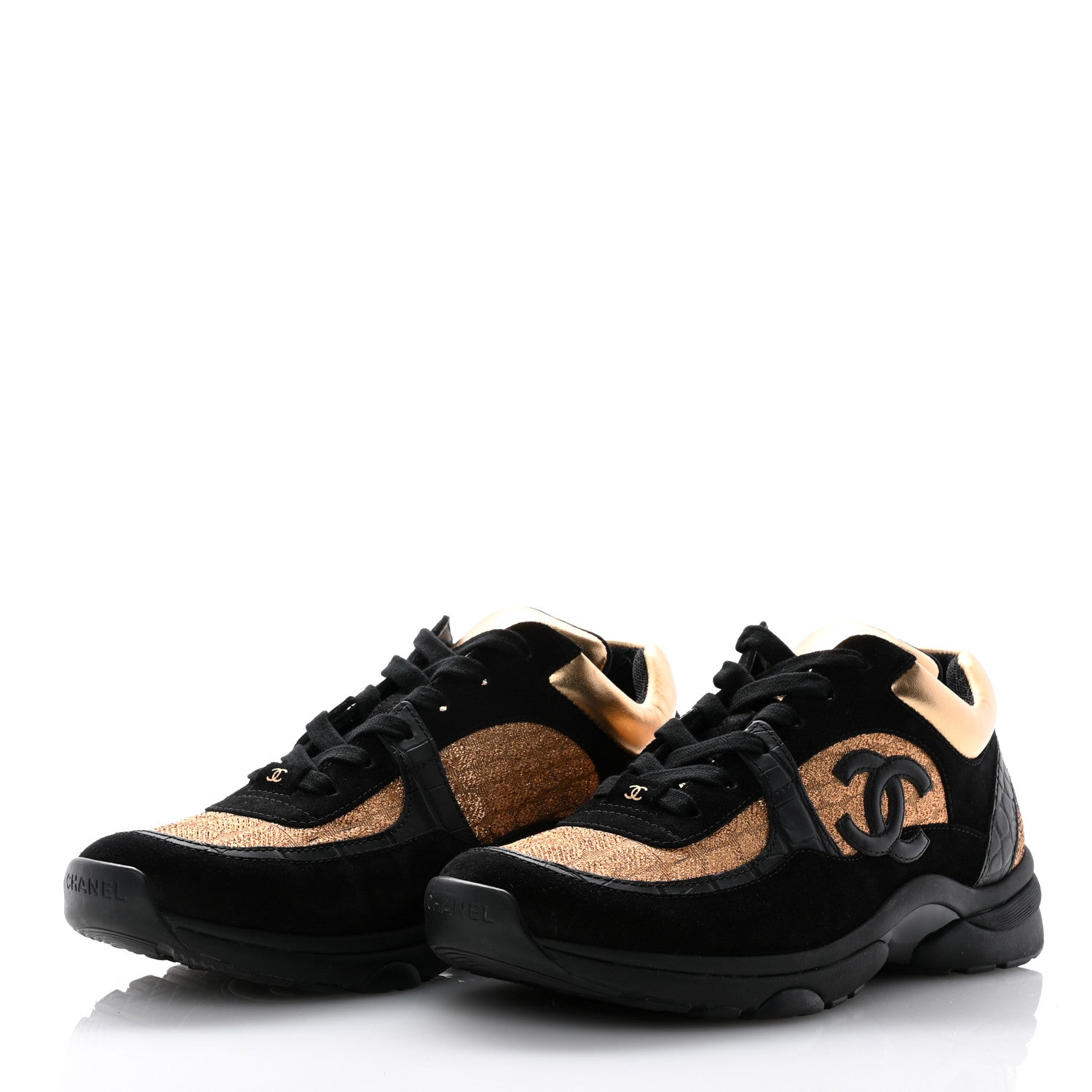 Chanel Metallic Fabric Suede Calfskin Crocodile Embossed CC Sneakers 40.5 Black Gold 3 of 8