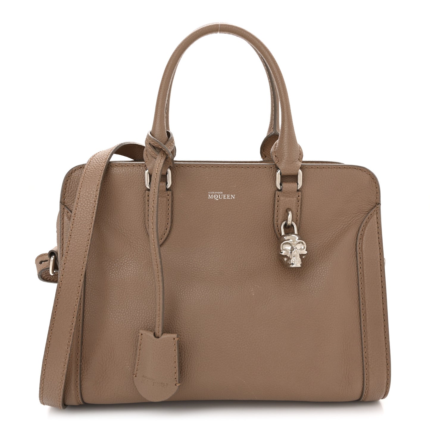 Pebbled Calfskin Small Skull Padlock Zip Around Tote Taupe
