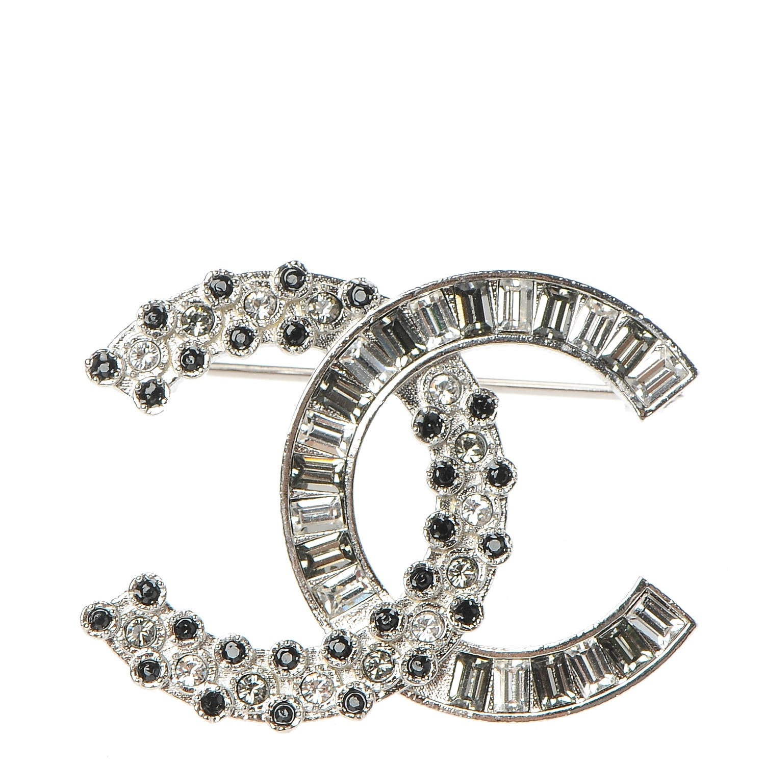 Chanel Baguette Crystal CC Brooch Silver Black 1 of 5