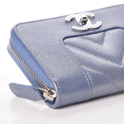 Chanel Metallic Caviar Chevron Quilted Vintage Mademoiselle Zip Coin Purse Light Blue 8 of 10