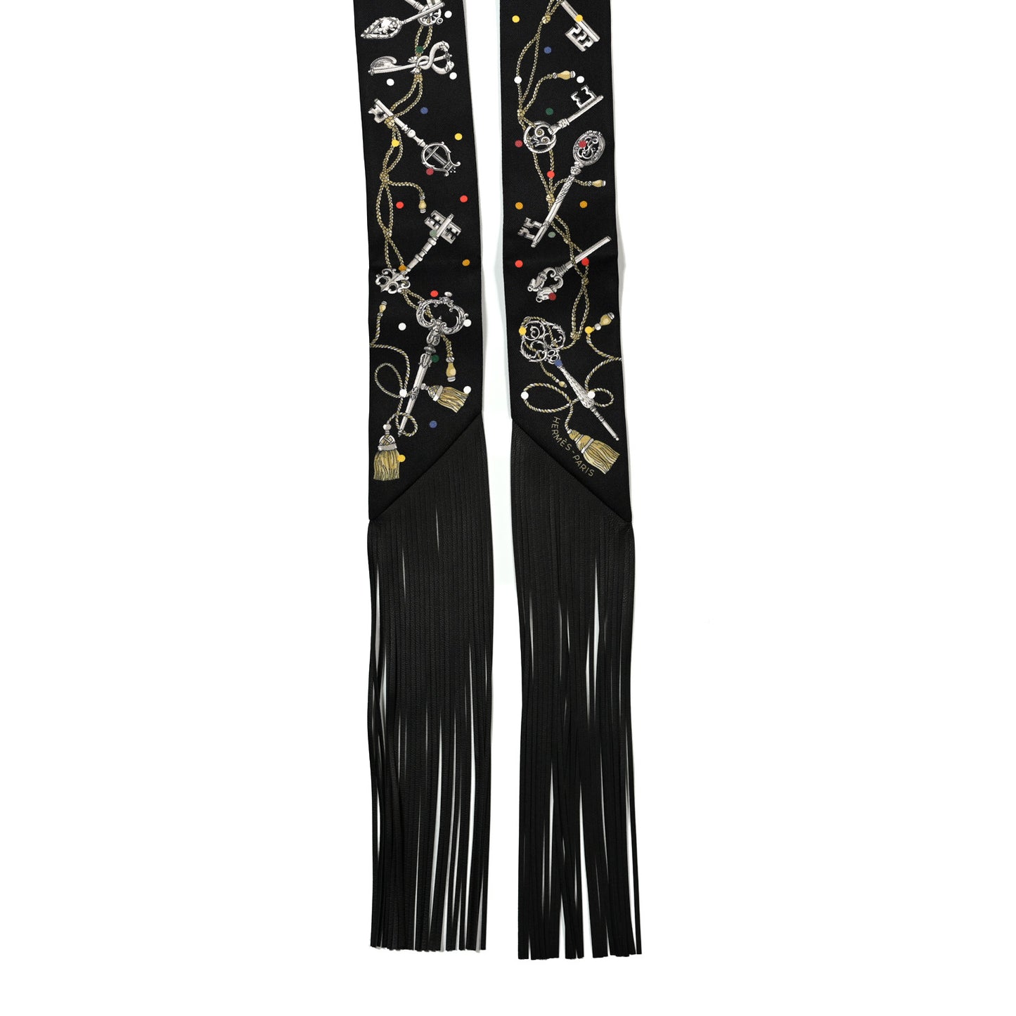 Silk Calfskin Les Cles A Pois Fringed Twilly  Black Mordore White