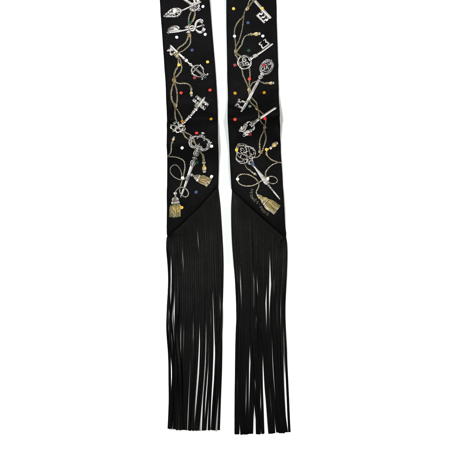 Hermes Silk Calfskin Les Cles A Pois Fringed Twilly  Black Mordore White 2 of 4