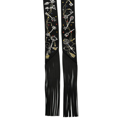 Hermes Silk Calfskin Les Cles A Pois Fringed Twilly  Black Mordore White 2 of 4