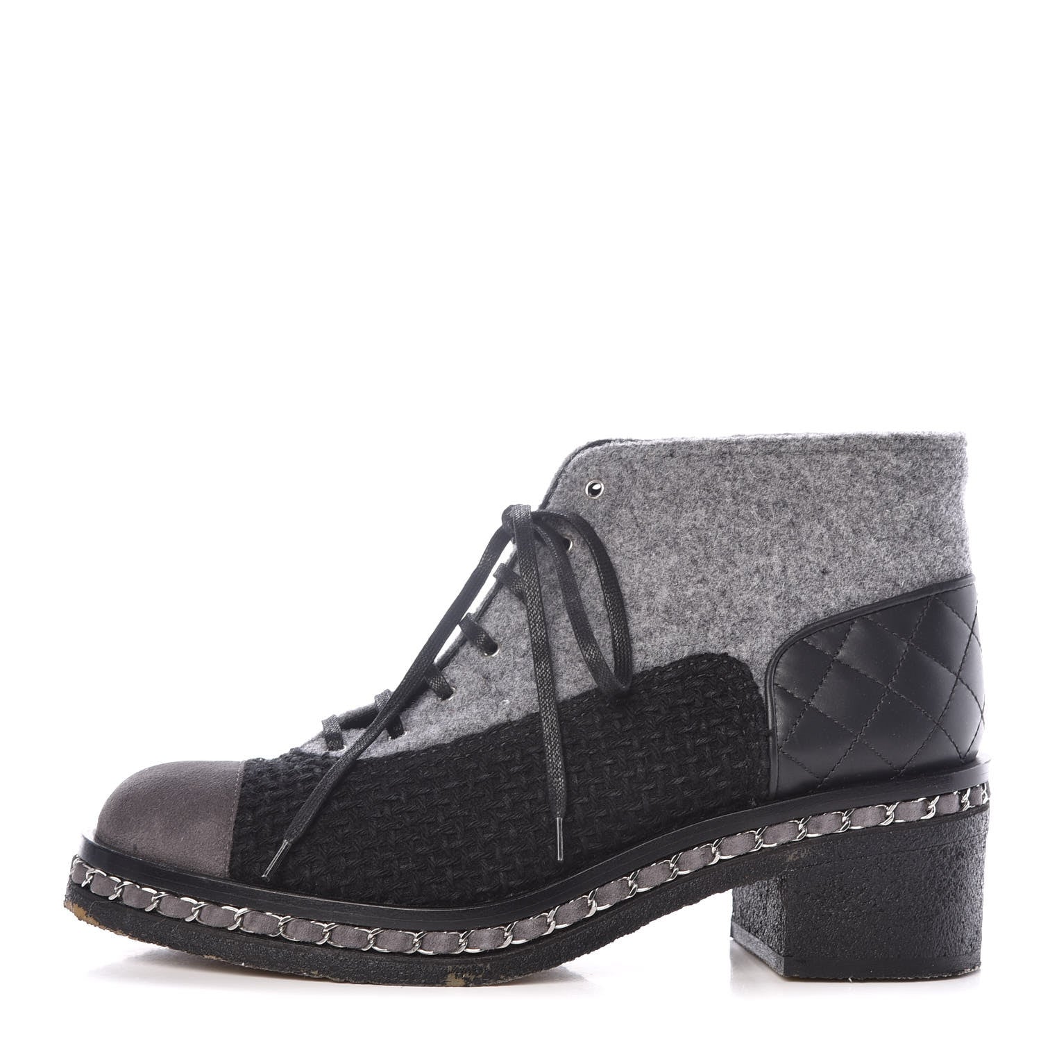Chanel Wool Calfskin Tweed Lace Up Boots 42 Grey Black 1 of 15