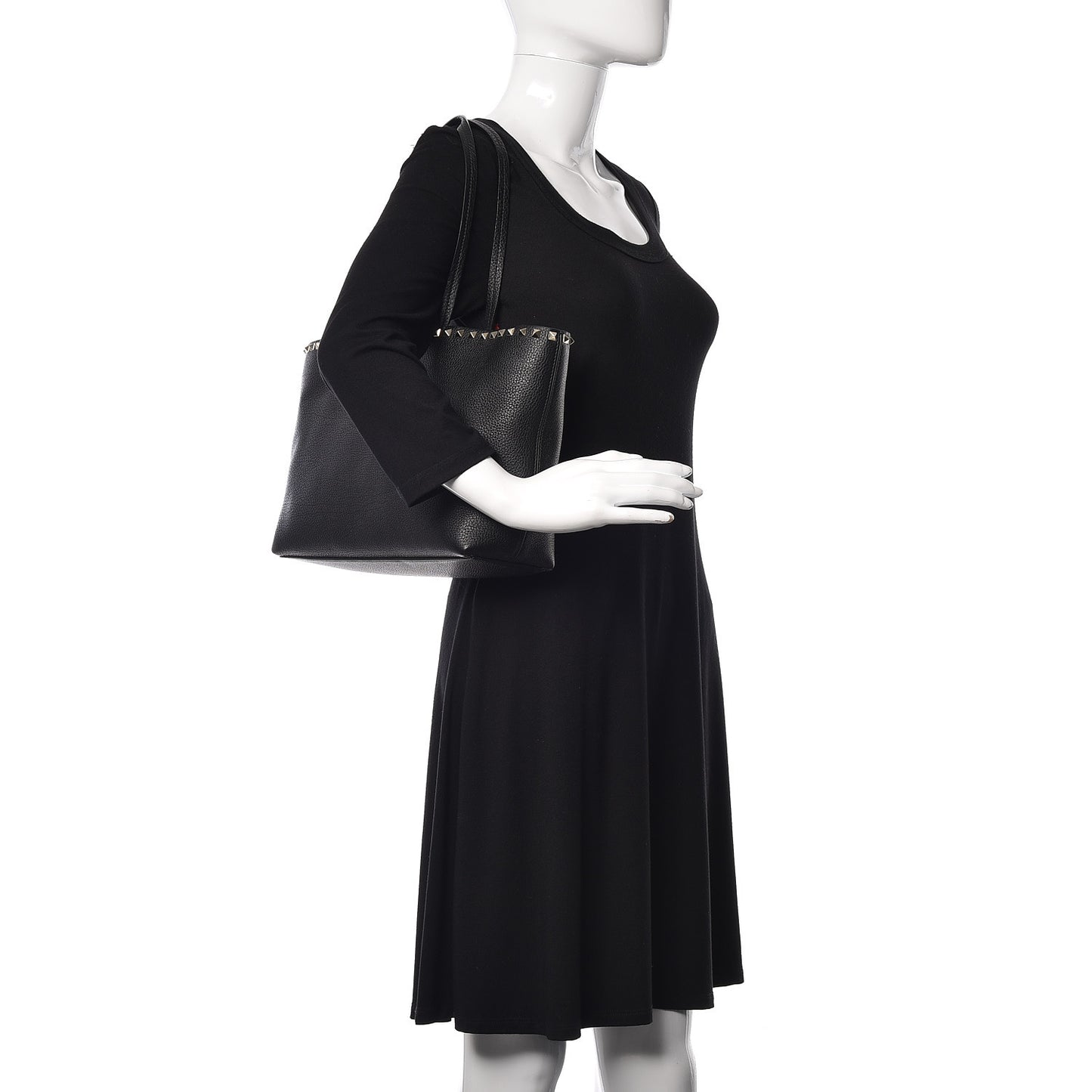 Grained Calfskin Small Rockstud Shoulder Tote Black