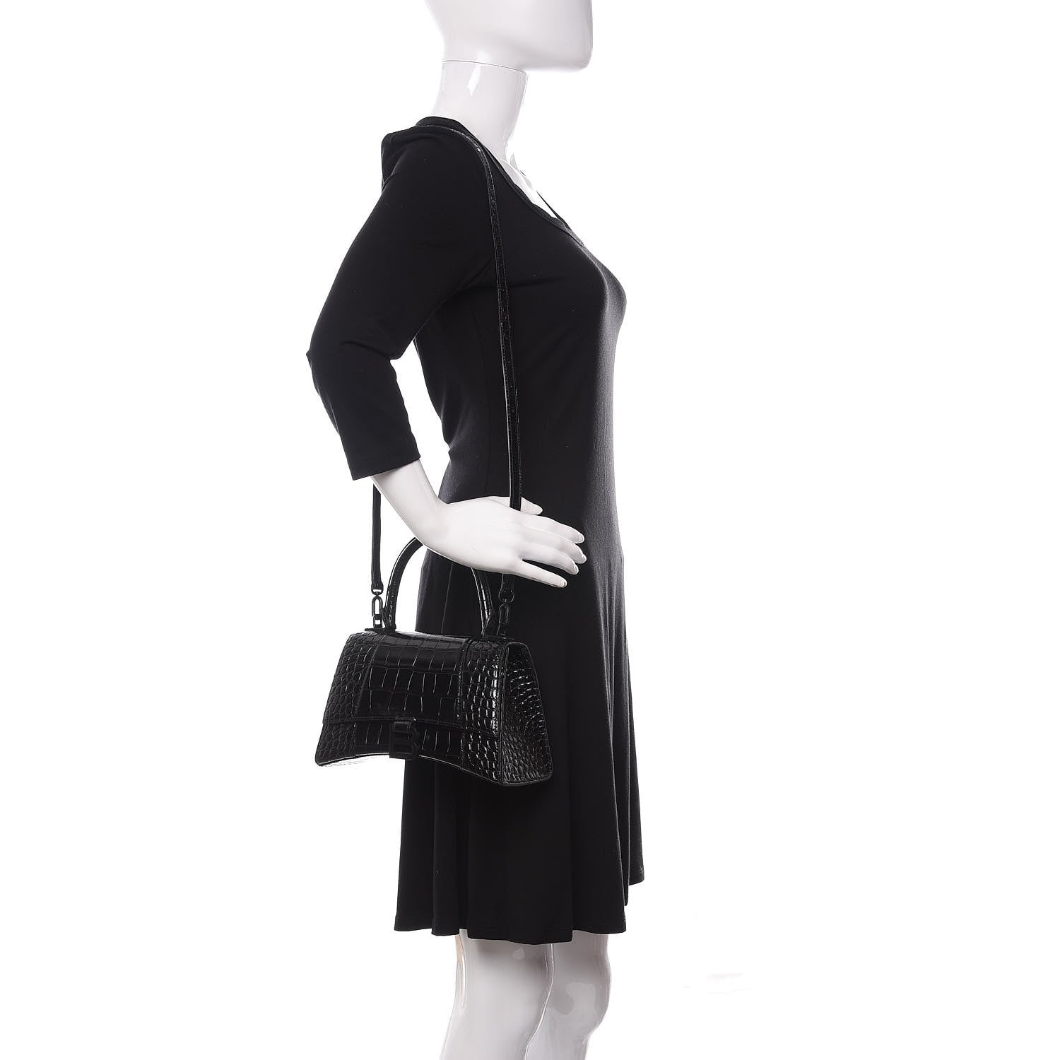 Balenciaga Shiny Calfskin Monochrome Crocodile Embossed Small Hourglass Top Handle Bag Black 2 of 9