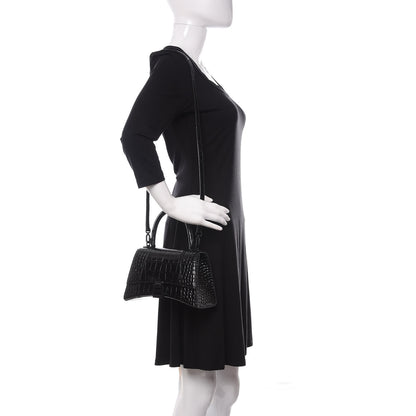 Balenciaga Shiny Calfskin Monochrome Crocodile Embossed Small Hourglass Top Handle Bag Black 2 of 9