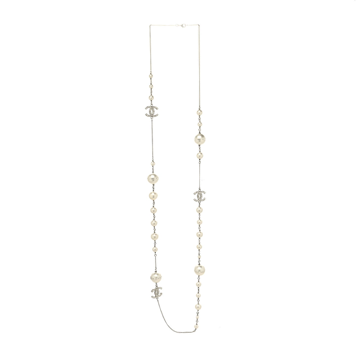 Baguette Crystal Pearl CC Long Necklace Silver